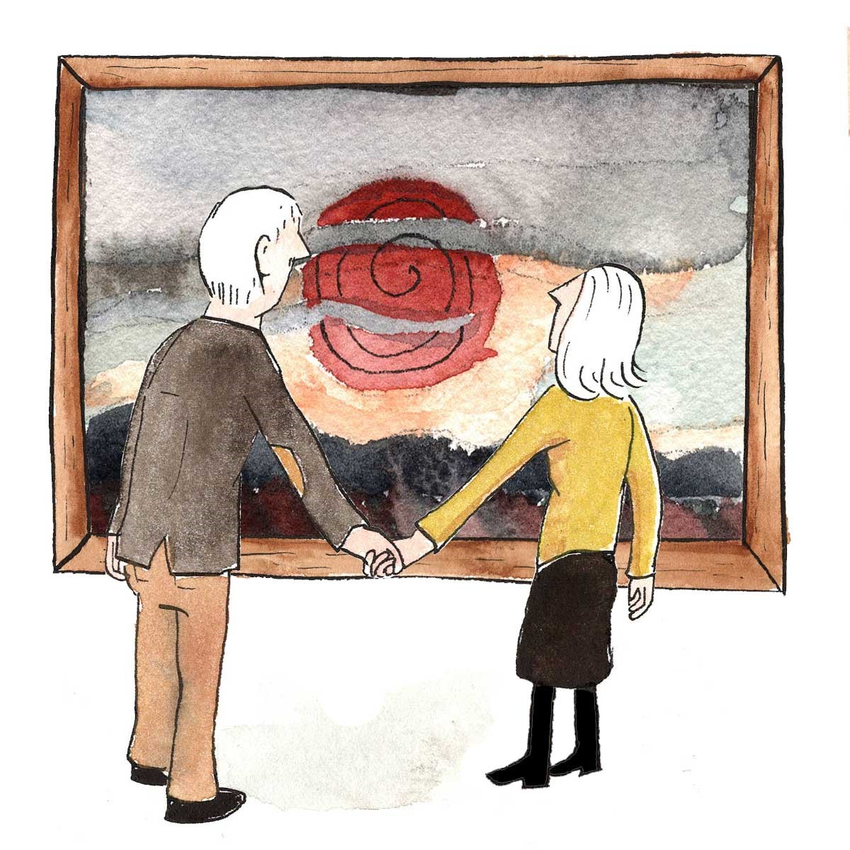 Illustration of a man and a woman holding hands looking at a large painting a red sun