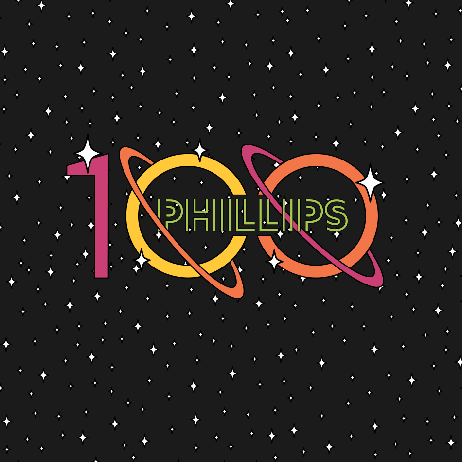 Phillips Centennial Logo in yellow, orange, pink with a space background with stars