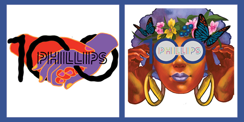 Collage of Phillips centennial logo with holding hands intertwined, and logo used as glasses on a colorful portrait