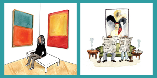 collage of illustrations of someone sitting in Rothko Room and two people sitting in front of a painting holding newspapers with ash trays next to them