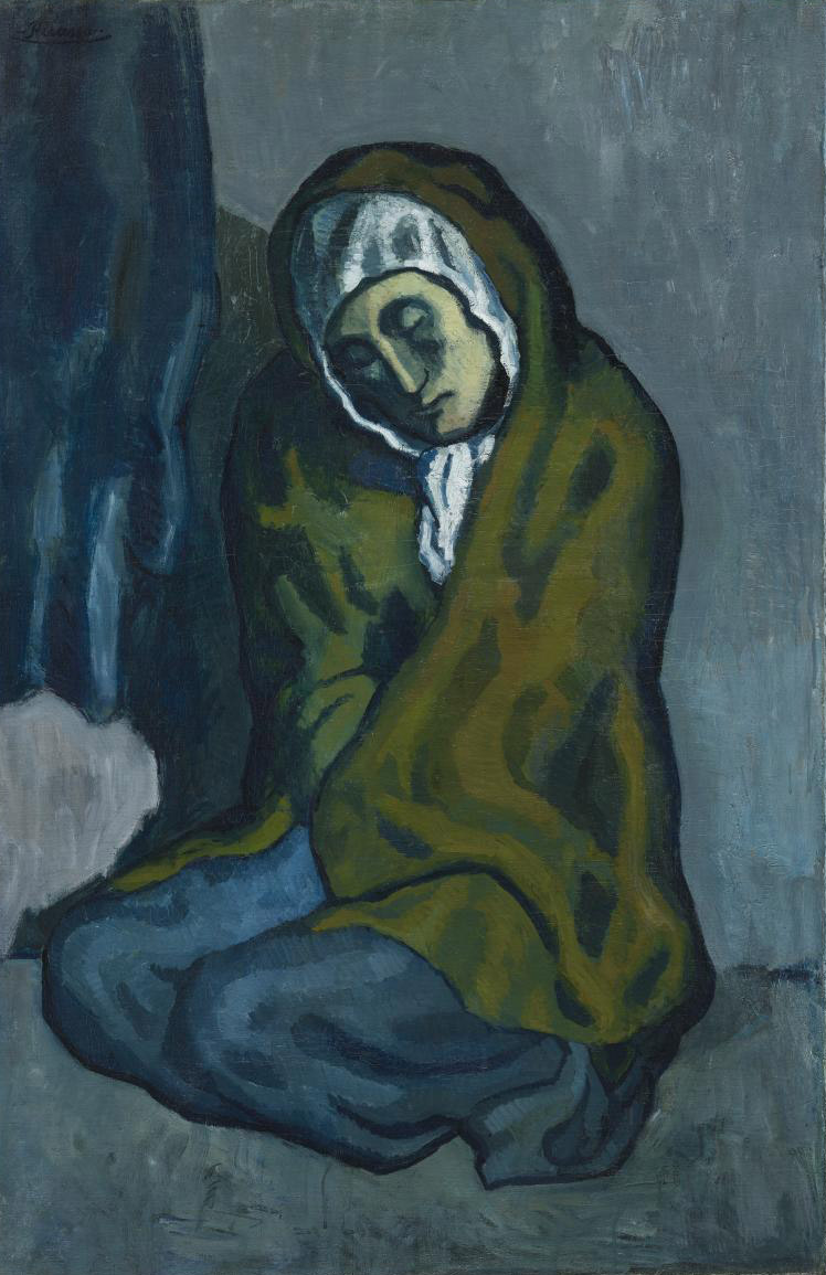 Painting by Picasso in blue and green tones of a crouching beggarwoman
