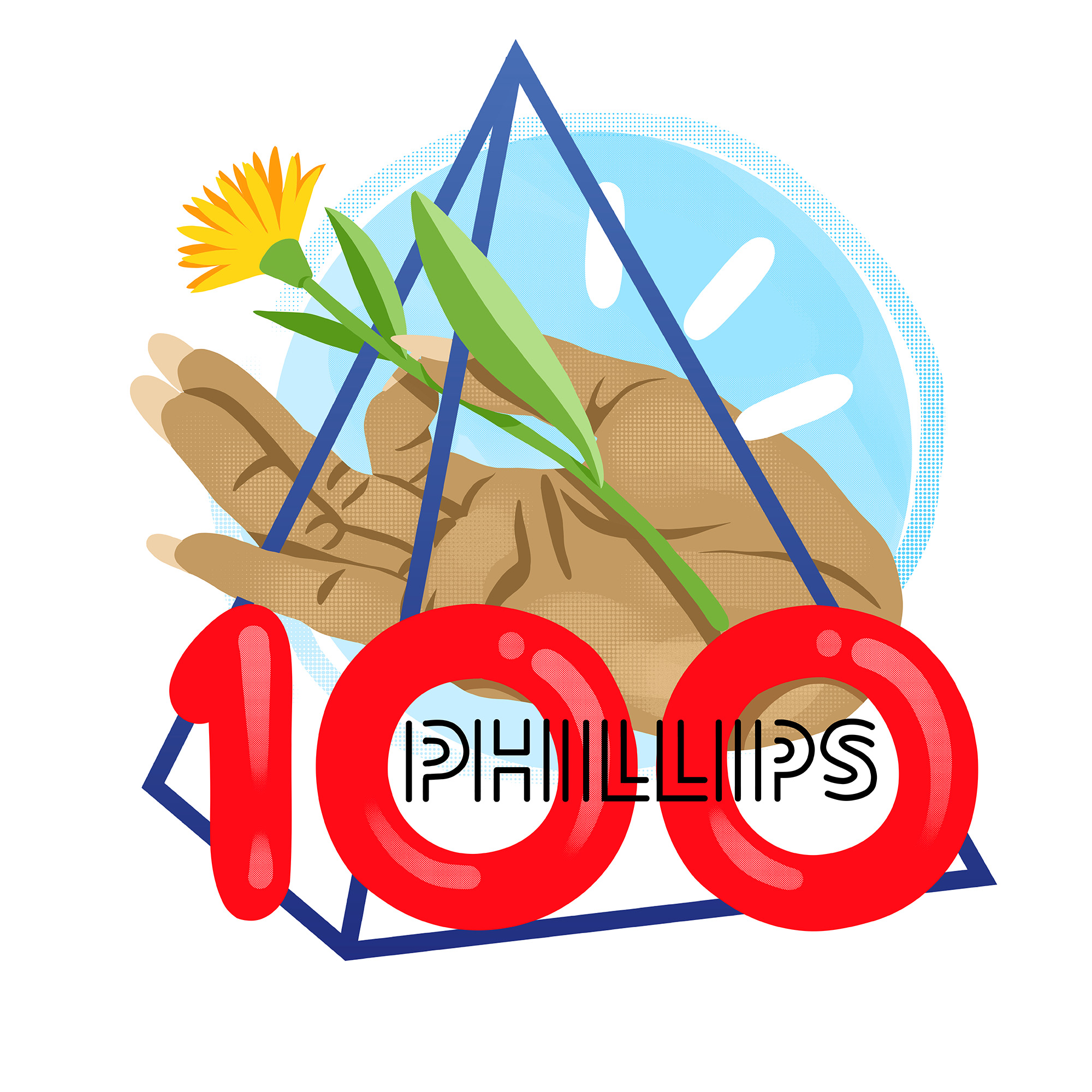 Phillips centennial logo in red with a hand holding a yellow flower inside a blue geometric shape