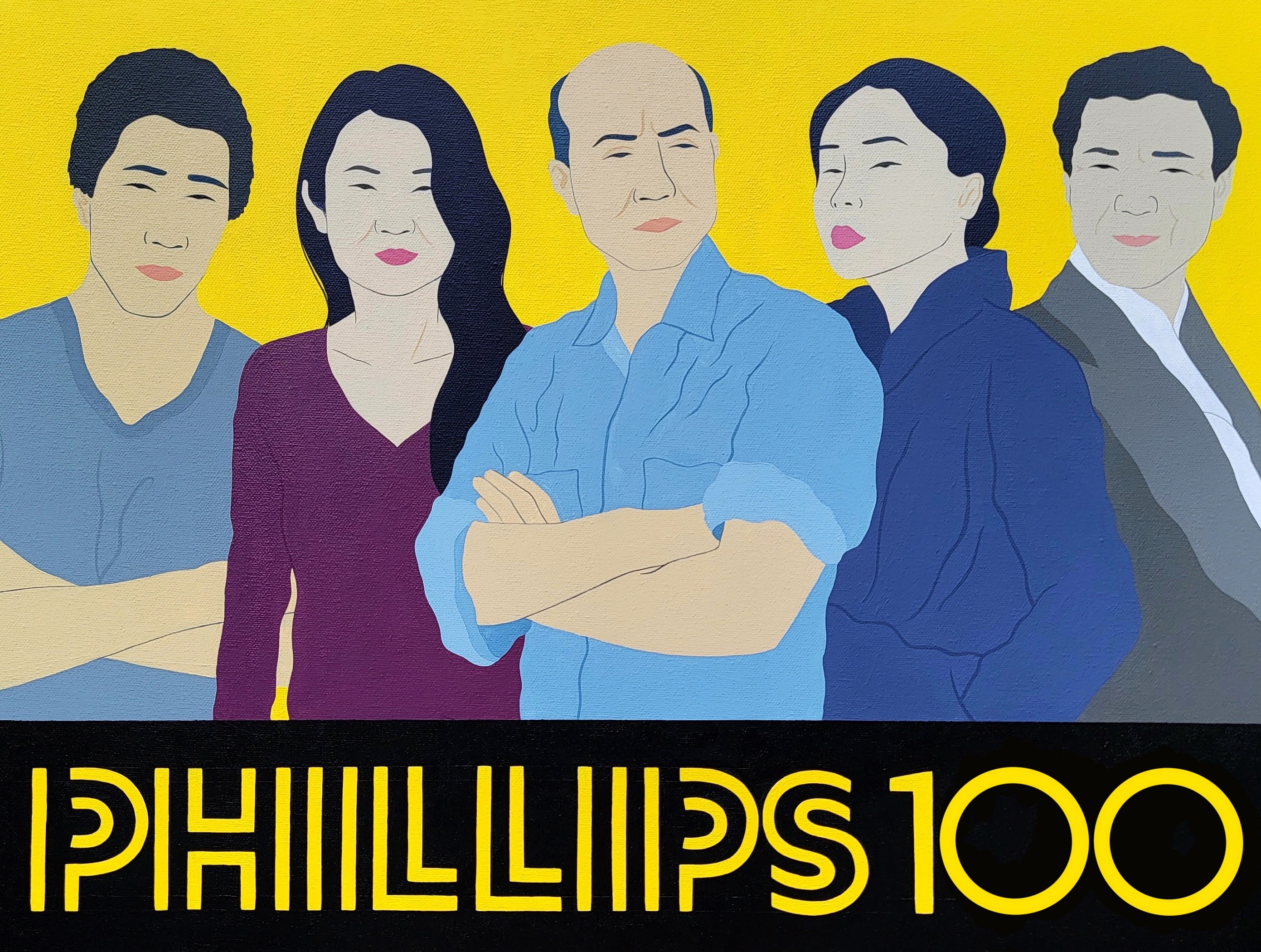 Illustration of five Asian American artists with Phillips Centennial logo