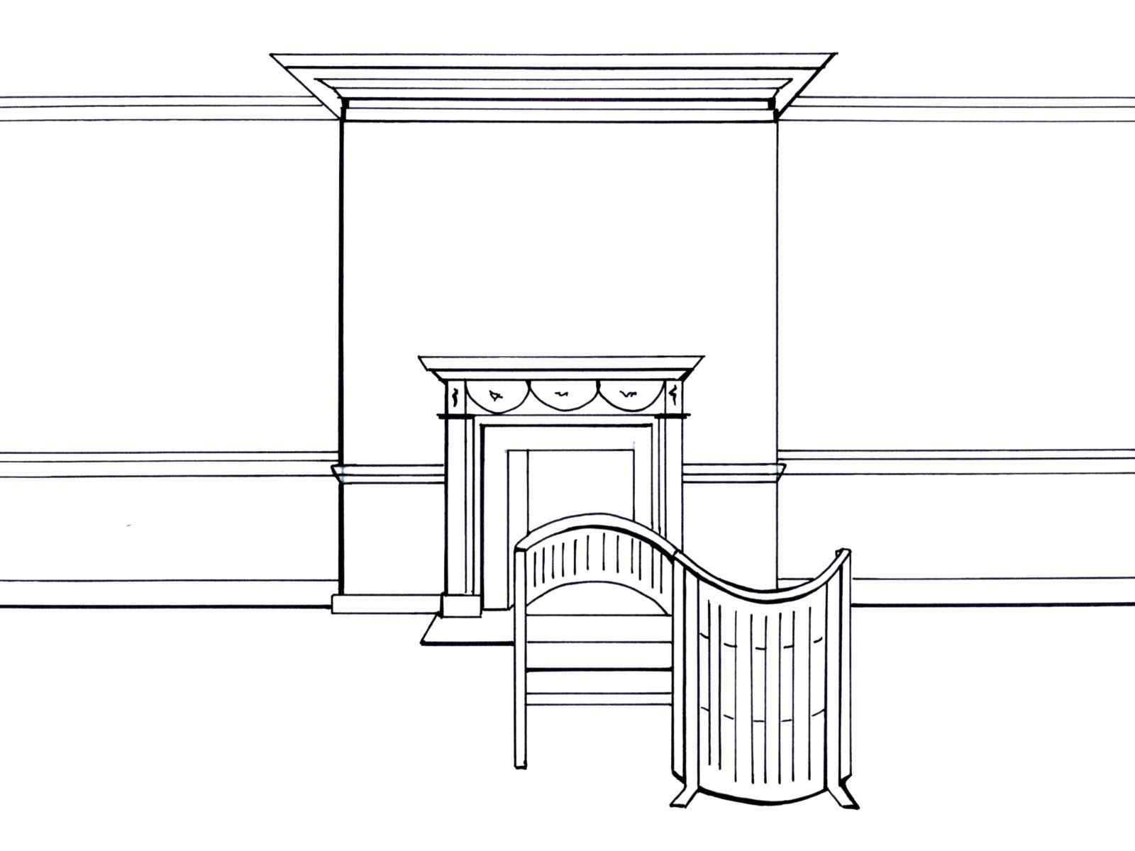 black and white line drawing of museum gallery