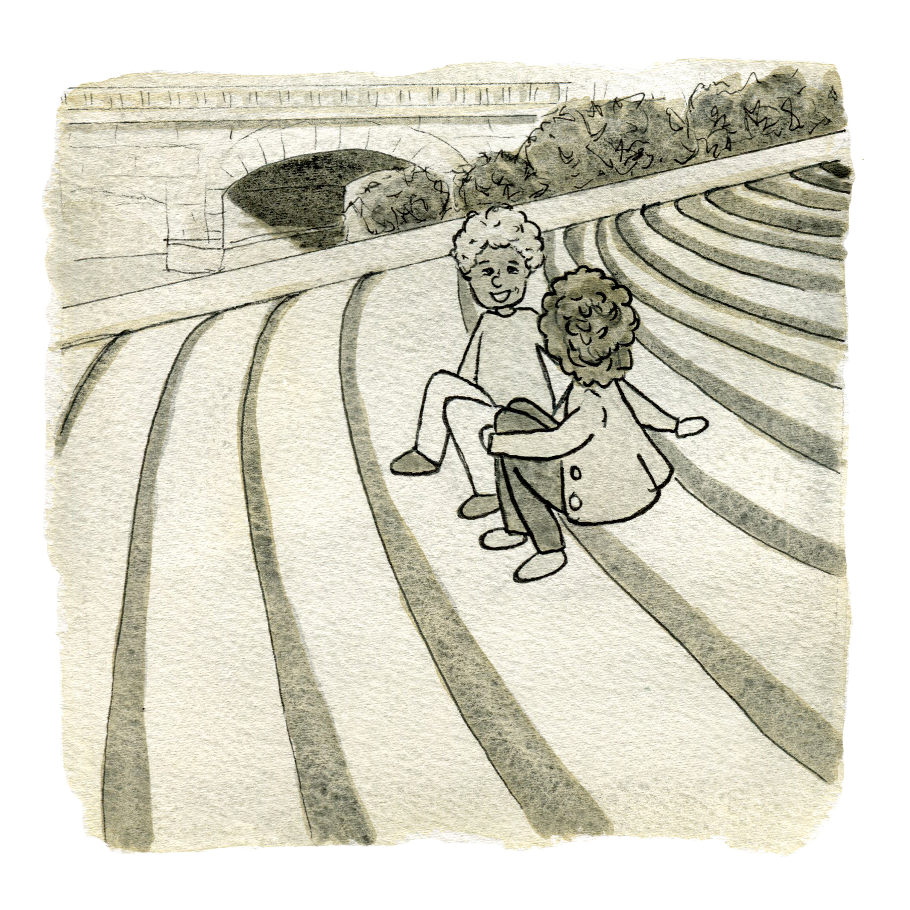 Illustration of two people sitting on steps with a bridge in the background