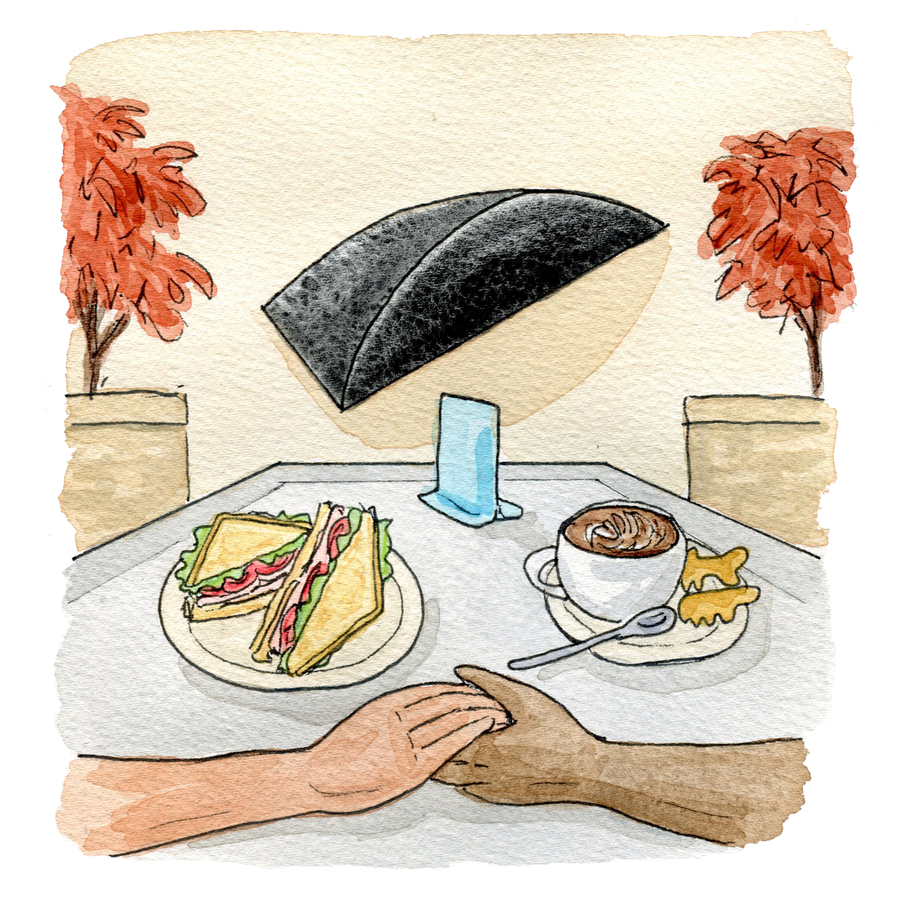 Illustration of two people holding hands and having lunch in the Phillips courtyard