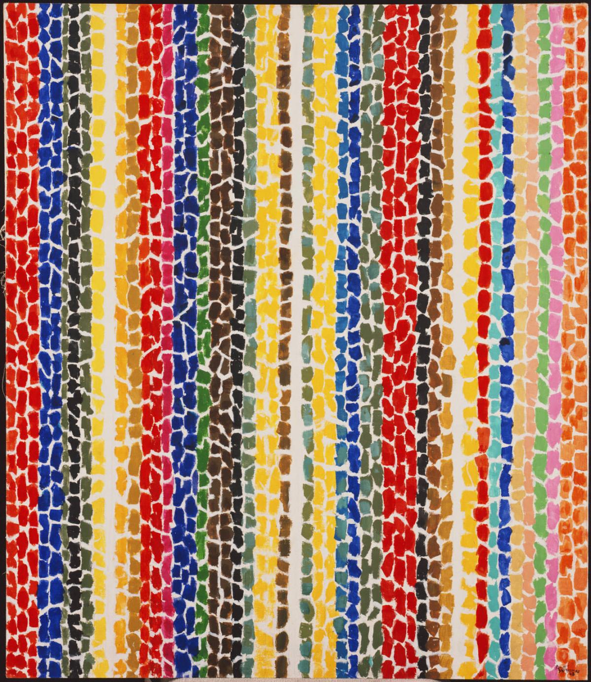 vertical mosaic-style stripes in red, blue, green, and yellow