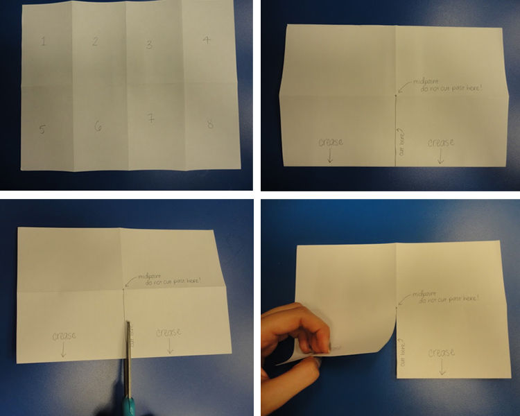 Four photos of folded paper being cut along a fold