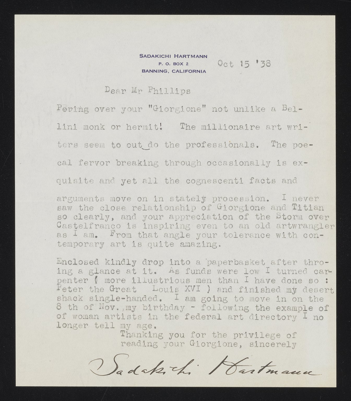 Letter from Carl Sadakichi Hartmann to Duncan Phillips, October 15, 1938