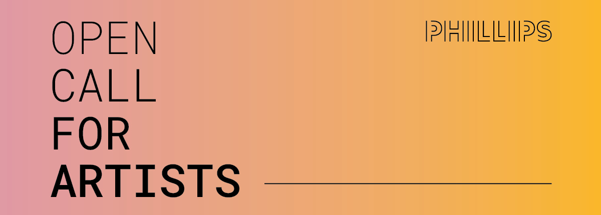 Pink and yellow gradient background with text overlay that reads "Open Call For Artists" with The Phillips Collection's logo.