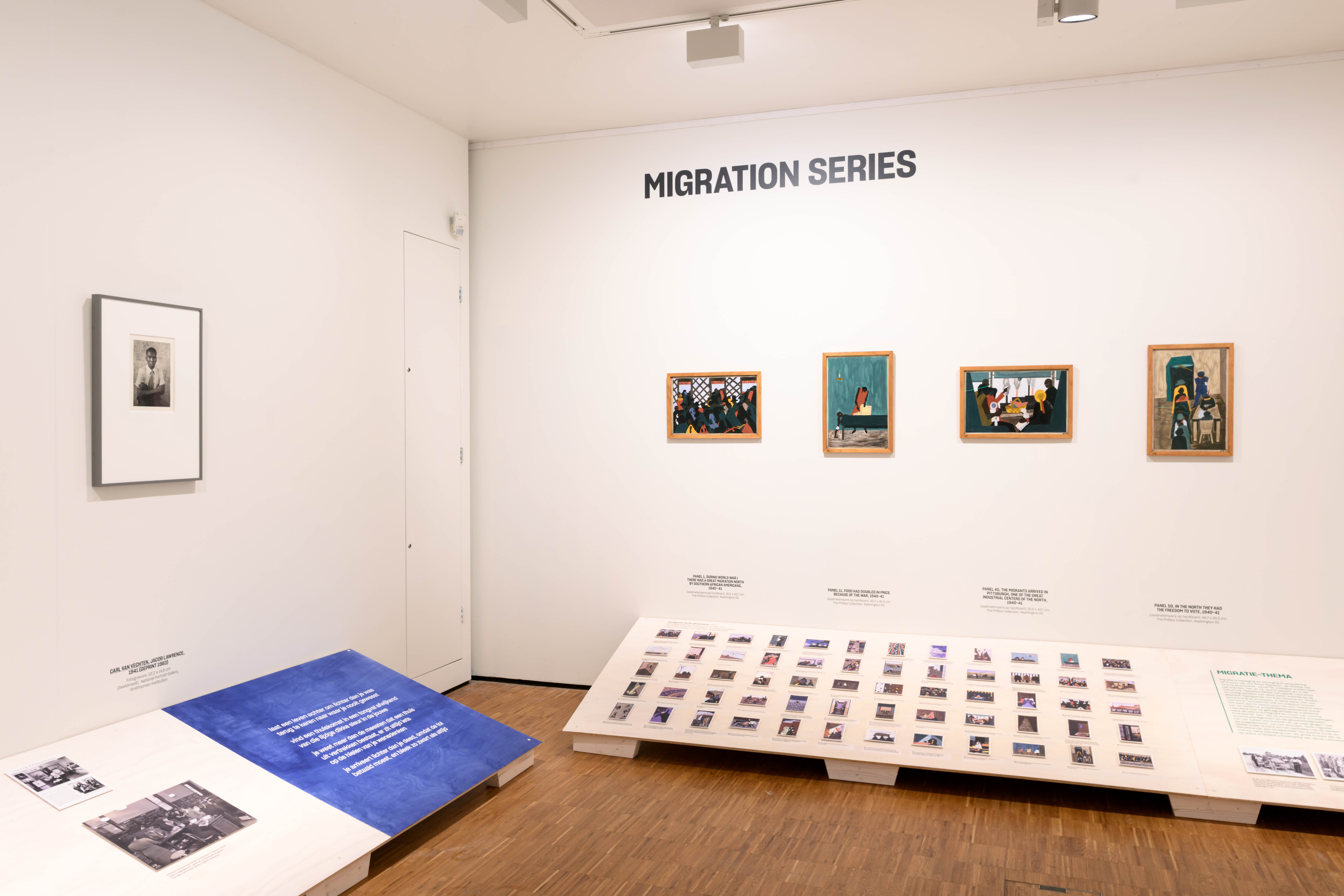 Four panels from Jacob Lawrence's Migration Series on view at the Kunsthal Kade