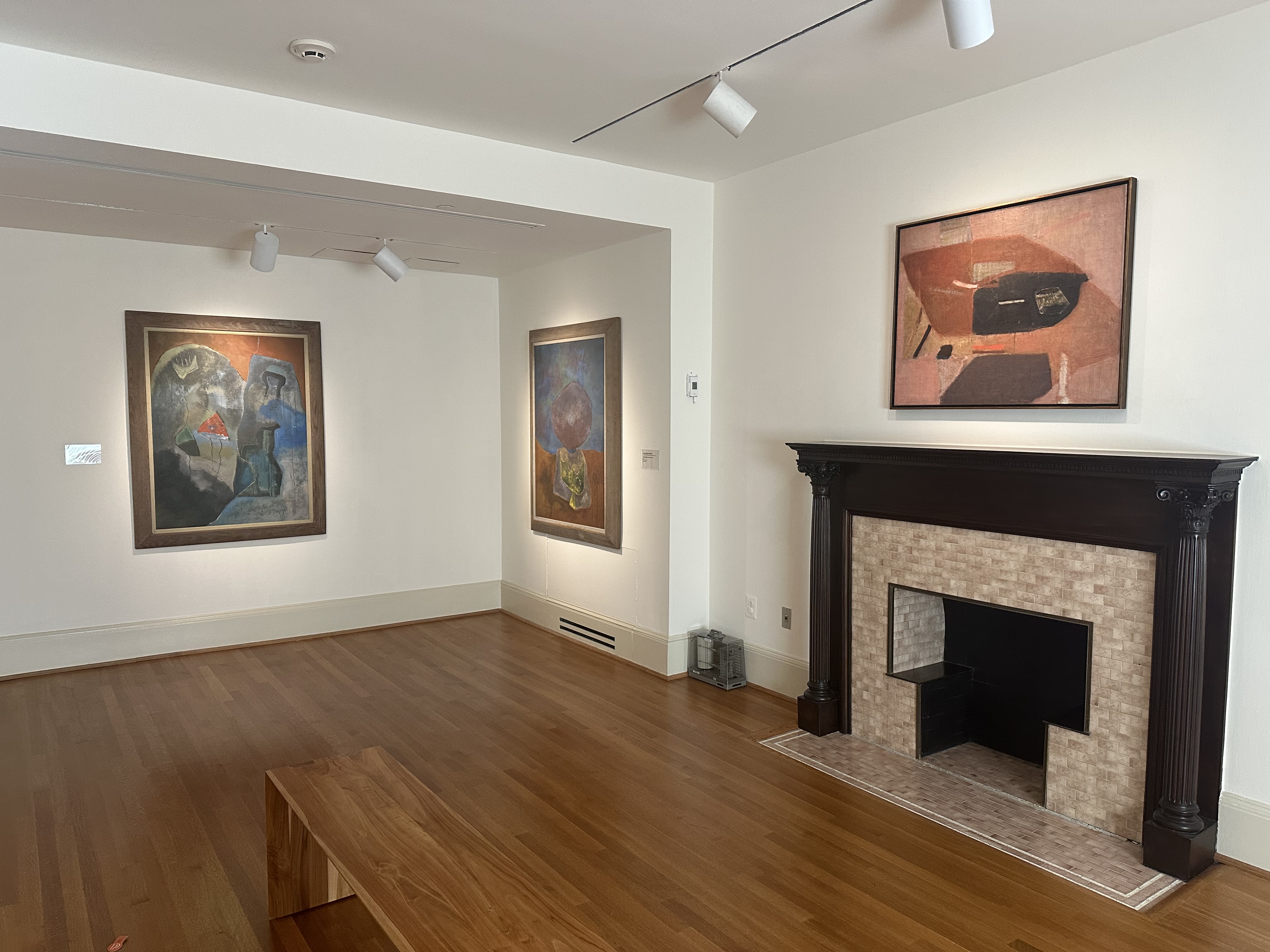 Installation photo with Gallery D with 3 artworks on the wall and a fireplace