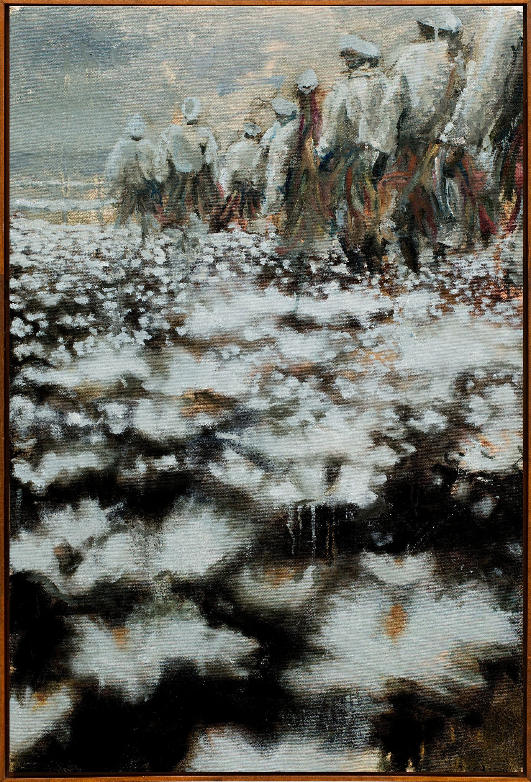 Painting of people wearing white processing through field of white flowers