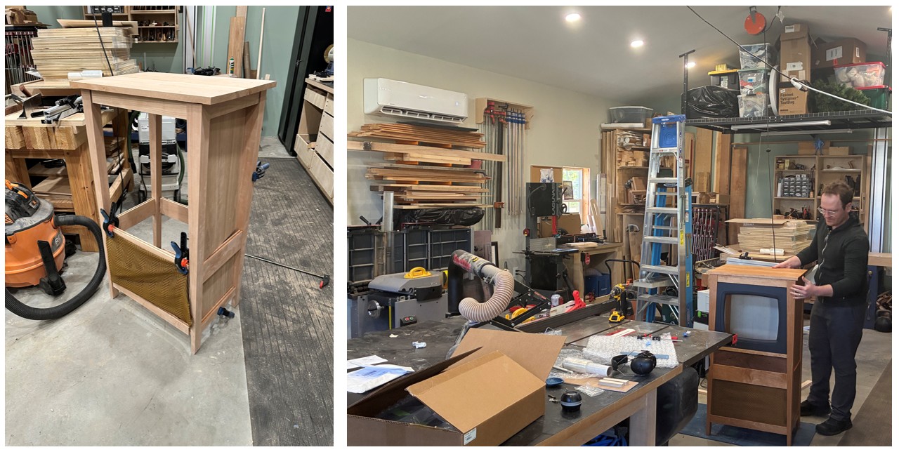 Thomas Hunter in a woodshop making a tv cabinet