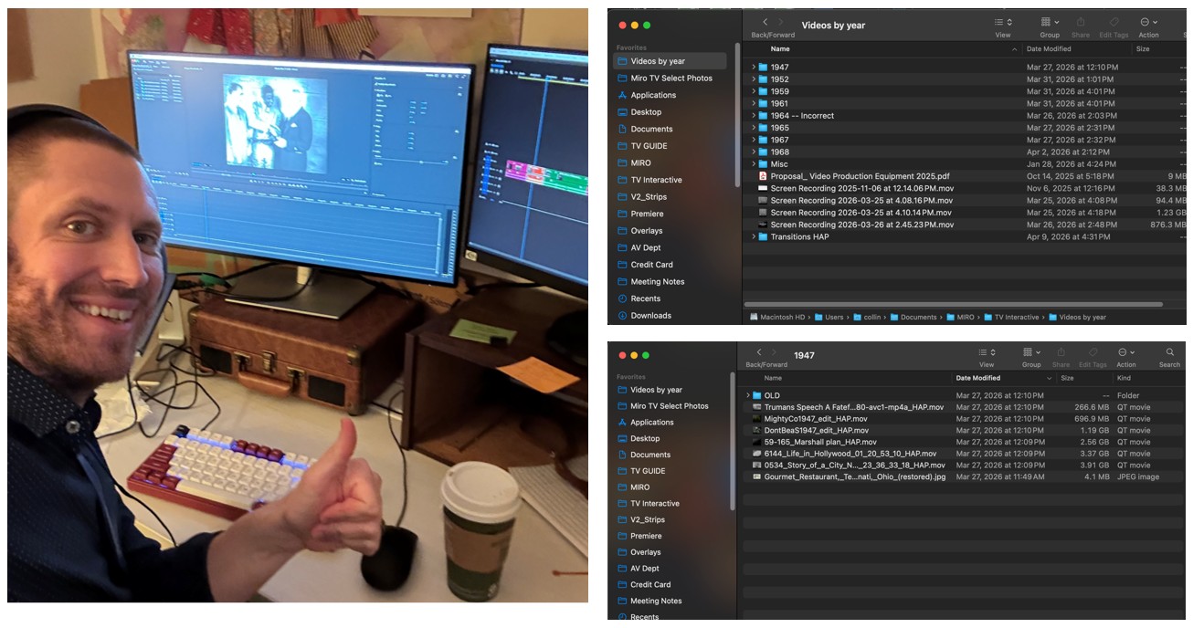 Collin working at computer and two screenshots of file listings