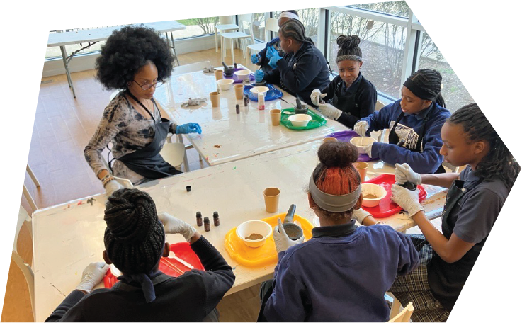 students sitting at a table making art