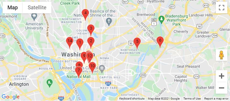 DC map with markers on places significant to Alma Thomas