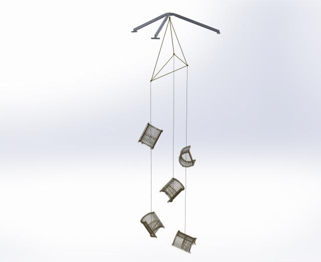 Rendering of installation by Marley Dawson of hanging gold chairs