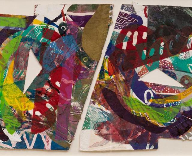 A collage of bright, colorful papers in a variety of shapes by Sam Gilliam