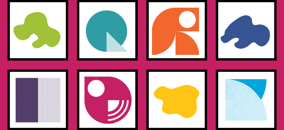 A grid of 8 squares with colorful shapes in them on a pink background