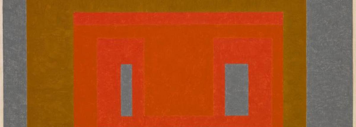 Abstract painting with nested grey, gold, and orange rectangles