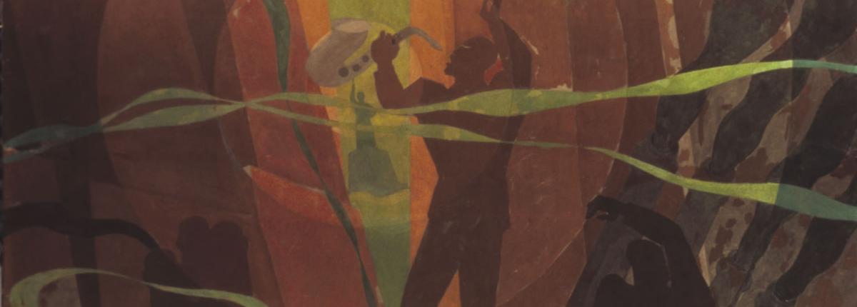 Painting with oranges, greens, and browns of silhouette playing saxophone and other silhouettes working in front of towers
