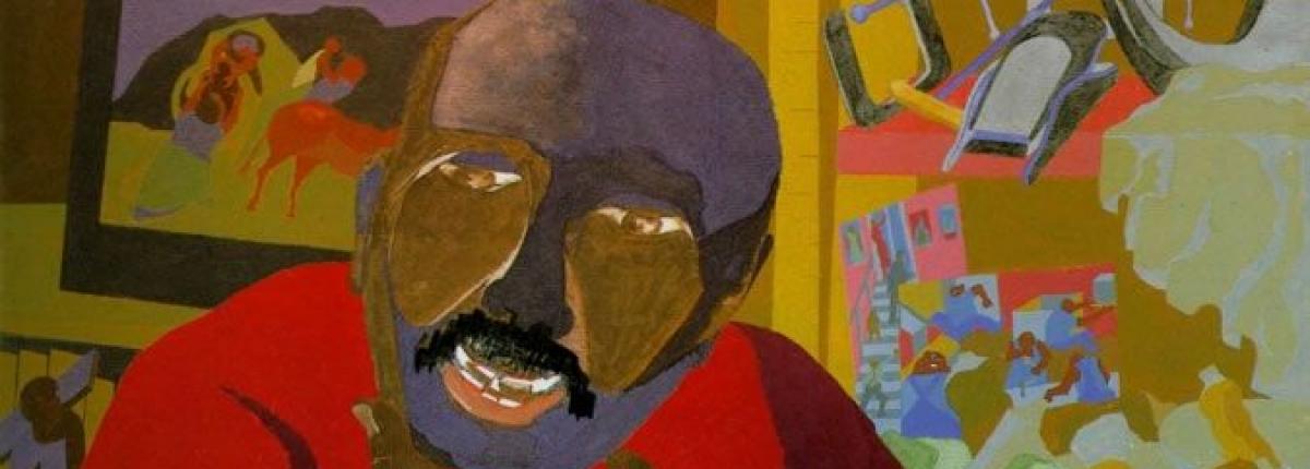 self-portrait of Jacob Lawrence holding paintbrushes with in-process paintings in background