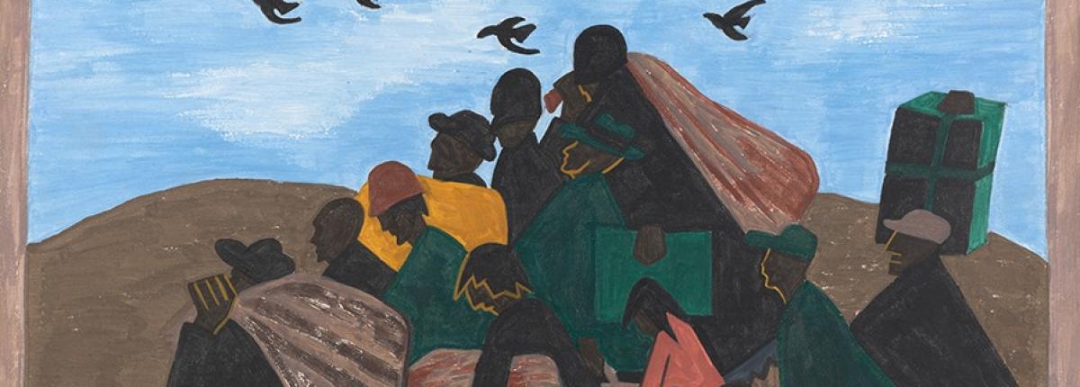 painting of people traveling outside with their belongings, mimicking the triangular shape of a bird migration