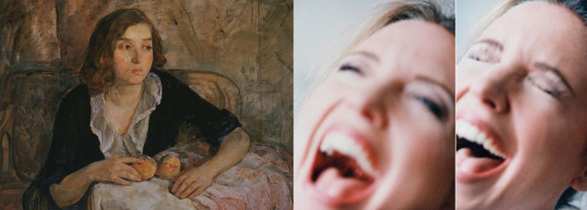 on the left painting of young woman seated at a table with fruit on the right photograph of head of a woman crying and laughing