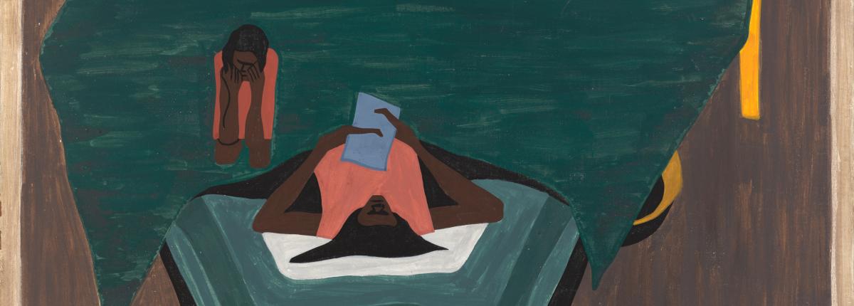 Painting of mother and child reading a letter on a bed