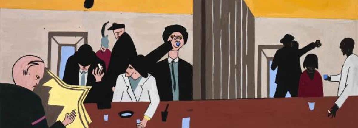 Painting of men in a bar with a wall dividing the bar. On one side there are white men and on the other side there are Black men