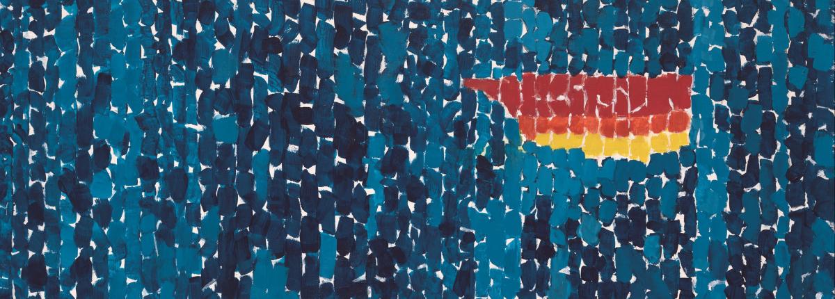 Abstract painting in vertical orientation of a vast blue sky made up of different shades of dark blue vertical rectangle stripes. Top right has small patch with horizontal red, then orange, then yellow stripe
