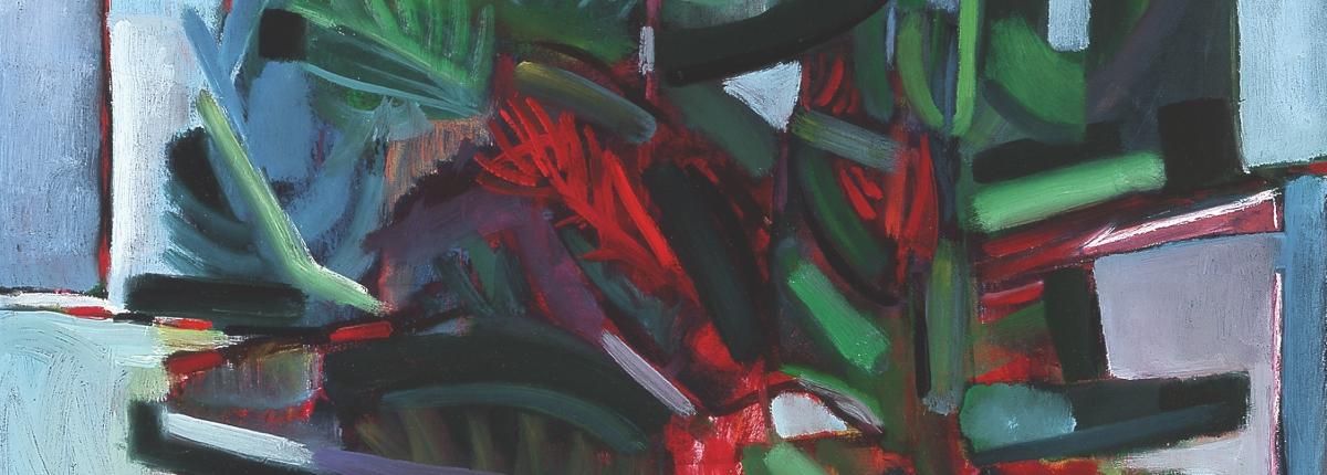 Abstract painting in vertical orientation of a pine tree. Darker shades of green at the top of the painting move to lighter greens with reds and yellows that peek through