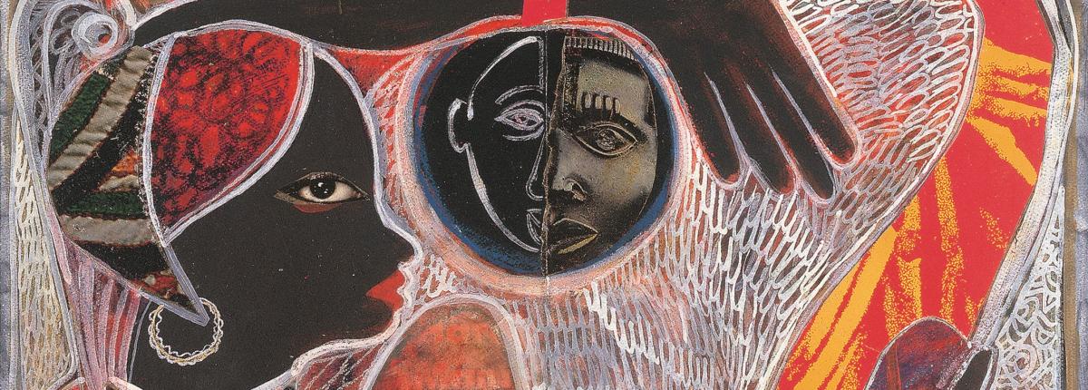 collage in browns and reds of woman embracing man with split face with masked figure on bottom