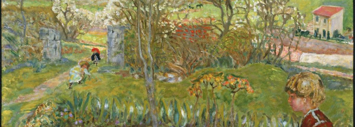 Impressionist painting of an open landscape with children playing in a garden