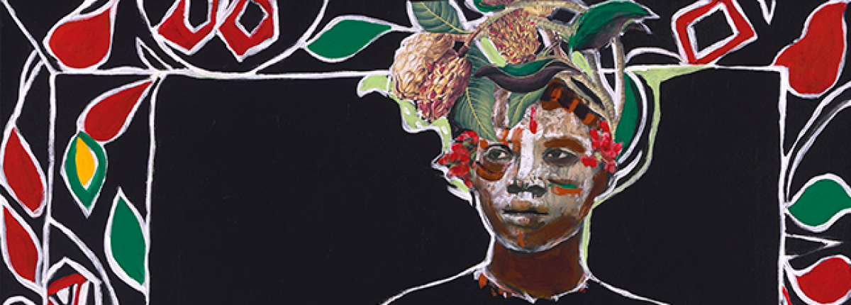 Painting with collage of a Black woman wearing a black dress with a red and green floral border and