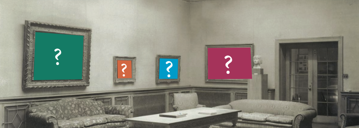 Gallery with paintings hanging on the wall with question marks covering the artwork