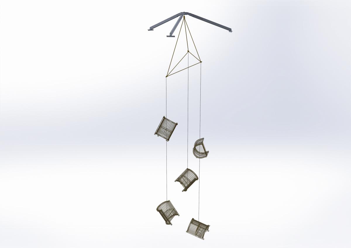 Rendering of installation by Marley Dawson of hanging gold chairs