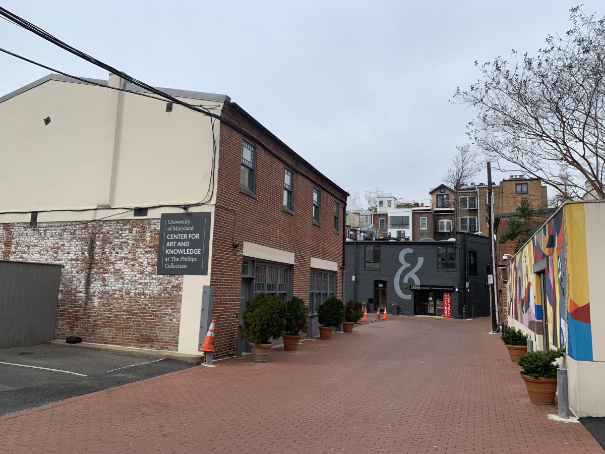 Photograph of exterior of Hillyer Court with the UMD Center for Art & Knowledge on the left