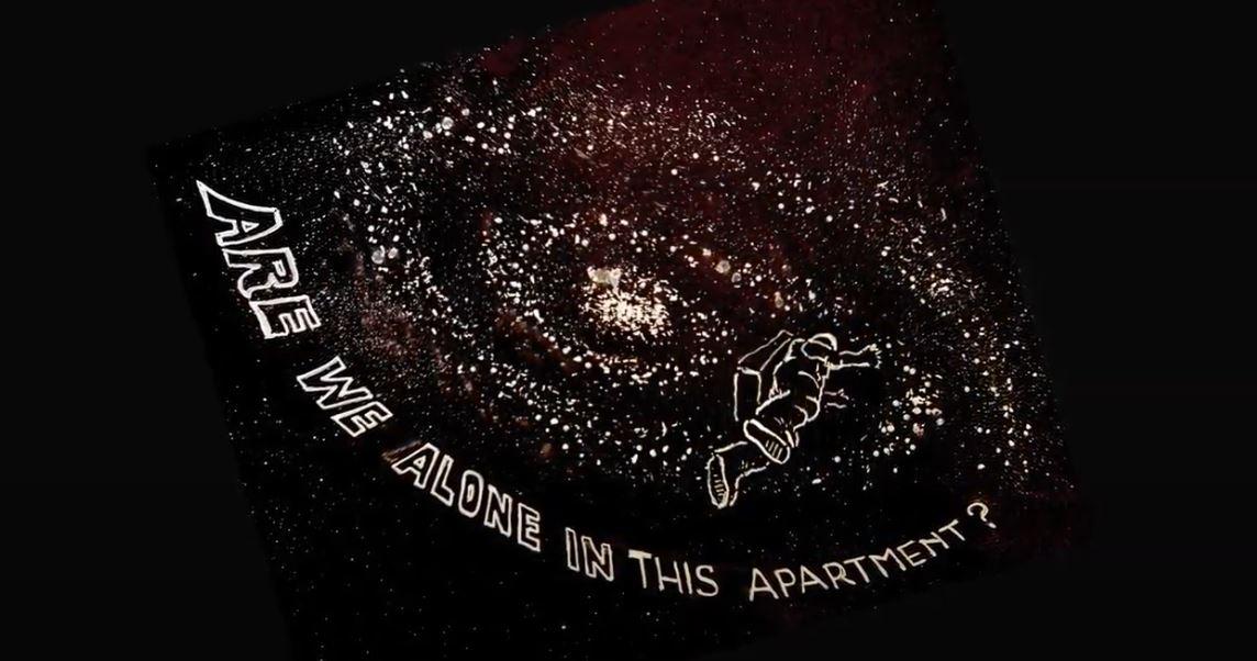 Illustration of an astronaut floating in space with the words "Are we alone in this apartment?"