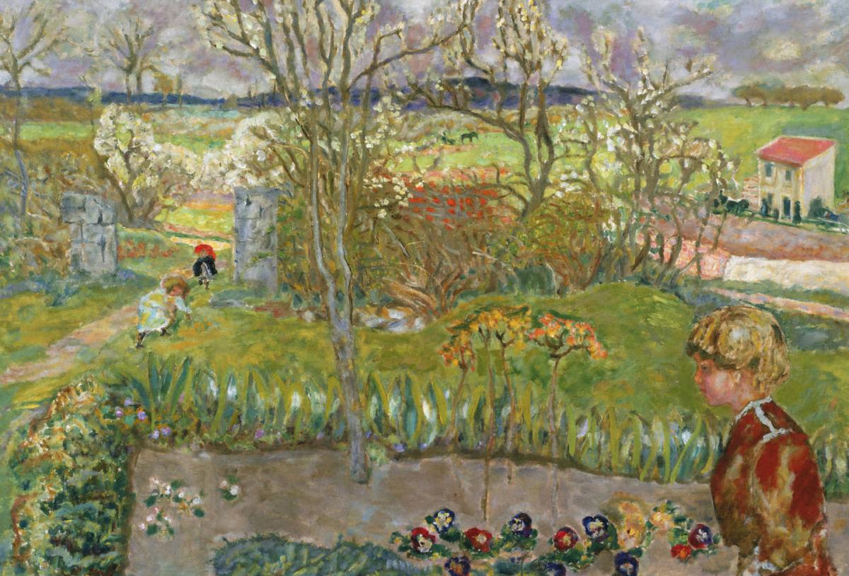 Painting of a lush green garden and landscape by Pierre Bonnard