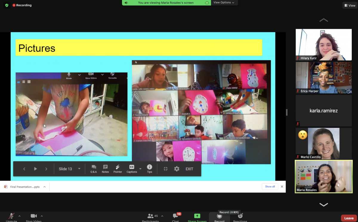 Zoom screenshot of a presentation of students holding up crafts