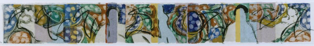 Abstract work on paper with colorful organic shapes and white circles and black lines
