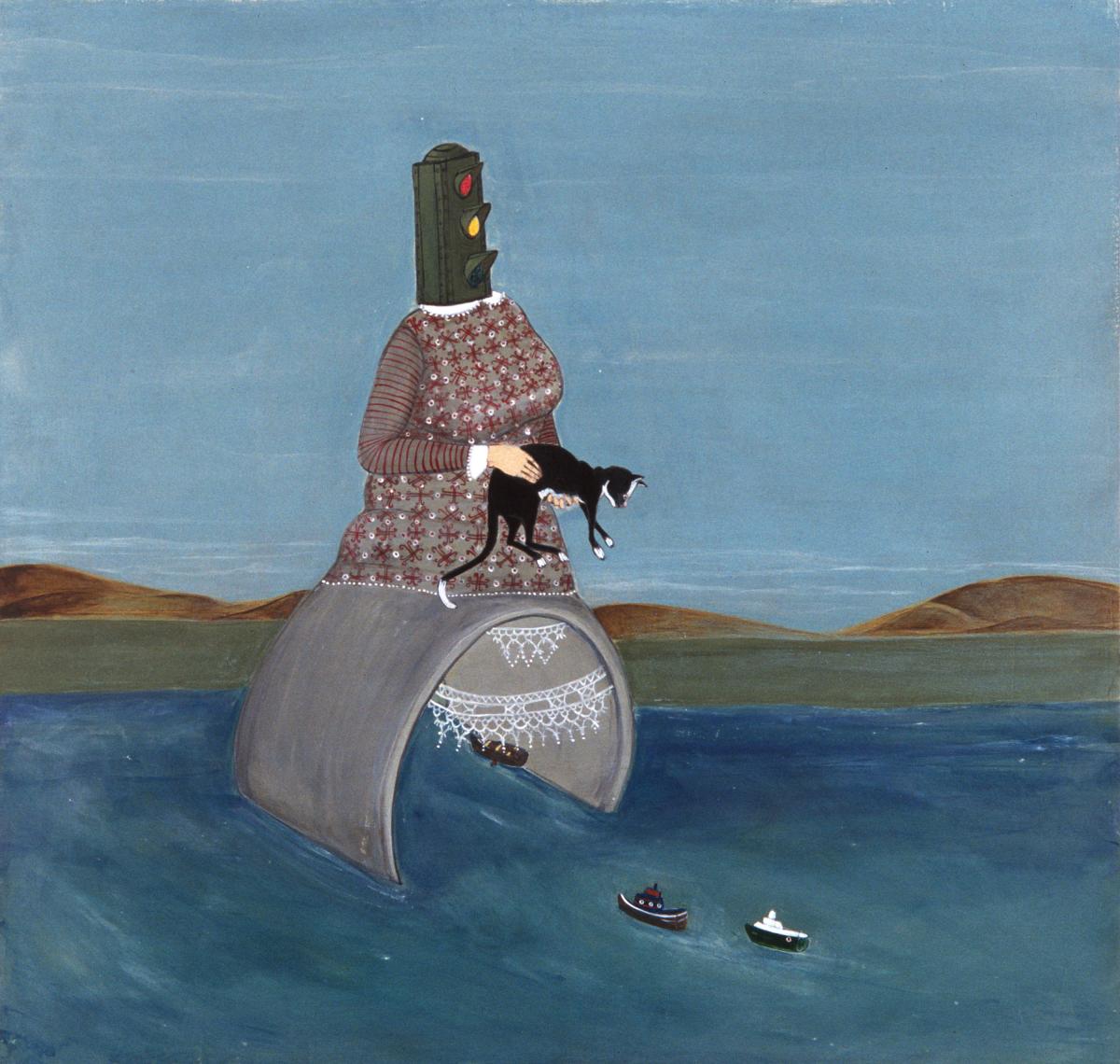 Painting of a figure with a stoplight as a head and holding a cat while floating on water