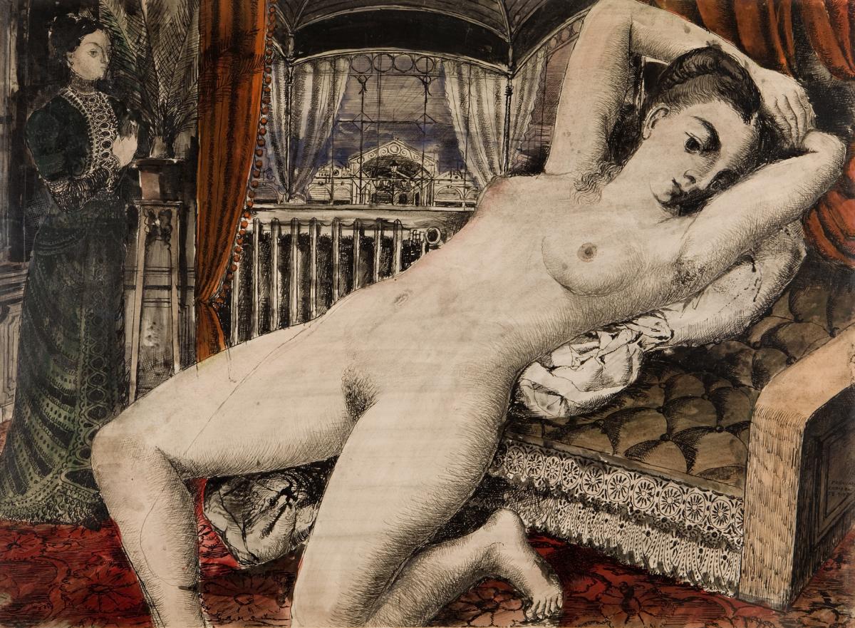 Drawing of a nude woman laying on a couch, with a dressed woman standing on the left