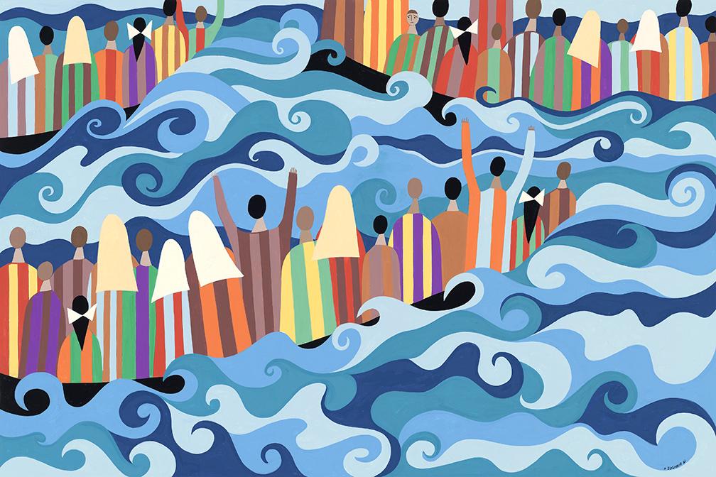 Colorful graphic illustration of people crowded on boats in moving waters