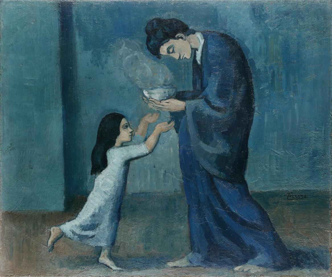 Painting by Picasso in blue tones of a woman handing a child a bowl of soup
