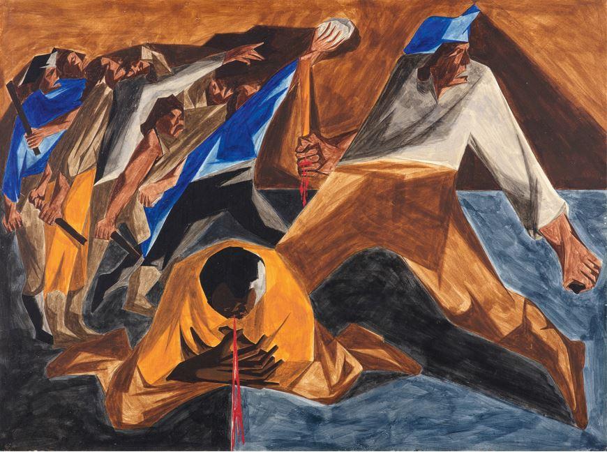 Jacob Lawrence's Panel 2 from Struggle Series depicting abstract figures in a battle