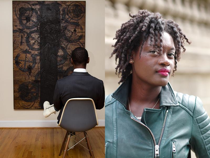 Photos of Darryl Attwell facing a painting, and headshot of Schwanda Rountree