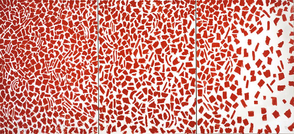 Painting of red broken brushstrokes covering a white canvas by Alma Thomas